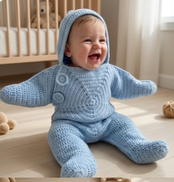 Glad baby i lyseblå LilleStjerne hæklet babydragt