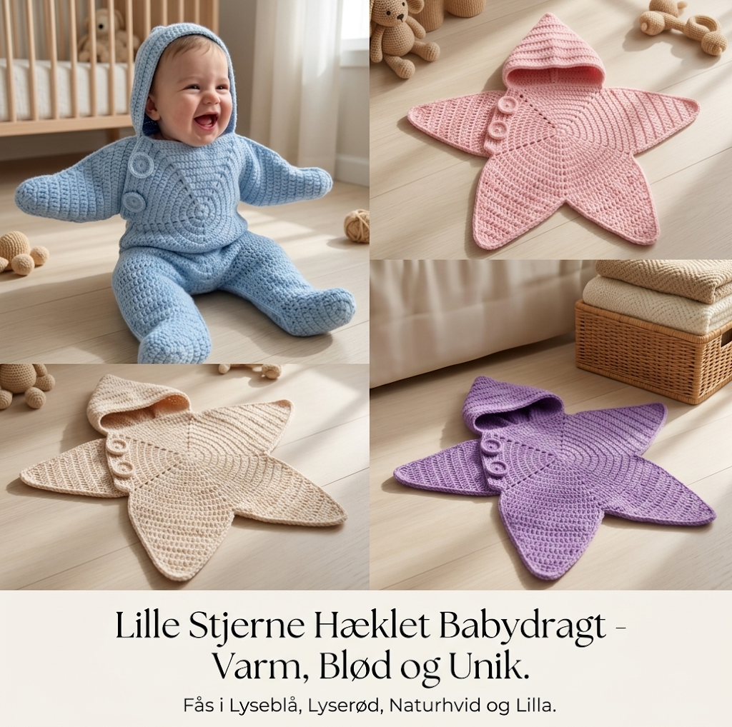 Lille Stjerne hæklet babydragt i lyseblå, lyserød, naturhvid og lilla
